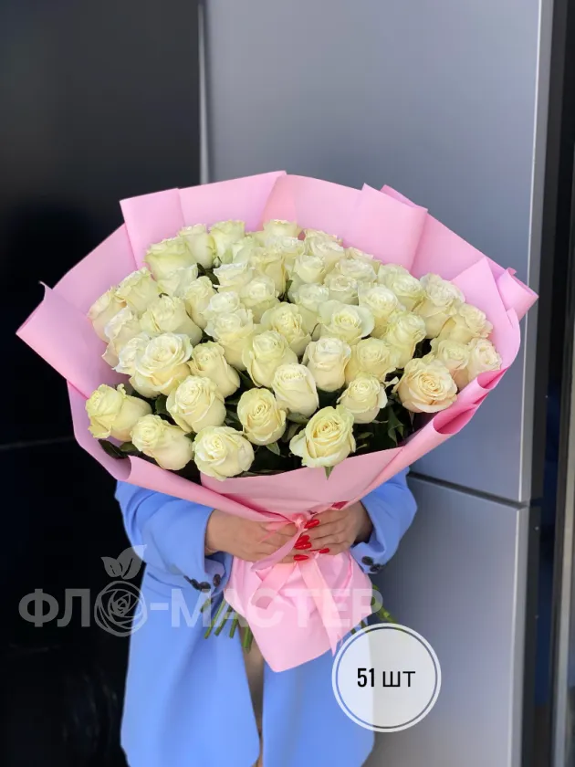 Букет белых роз Эквадор 50 см (51шт, 75шт, 101шт)